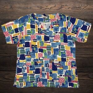 Landau Womens Scrub Top Medium V-Neck Nautical Sea Life Seahorse Starfish Print